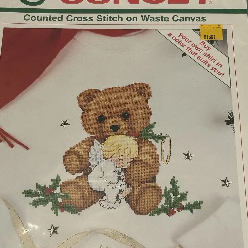VTG Sunset A Christmas Cuddle Counted Cross Stitch Kit Waste Canvas 18351 Bear